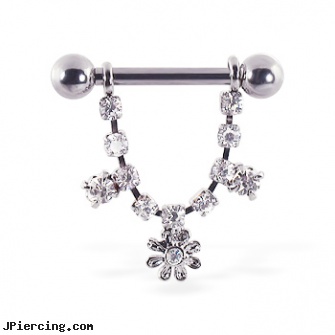 Nipple ring with dangling jeweled chain and flower, 12 ga or 14 ga, non peircing nipple rings, teens with nipple piercings, nipple jewelry wholesale, buy logo tongue rings, cock ring uk