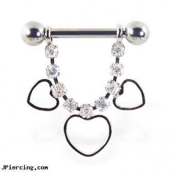 Nipple ring with dangling jeweled chain and hollow hearts, 12 ga or 14 ga, cheap nipple barbell, what jewelery for nipple piercing, nipple ring pictures, clit rings, exotic tongue rings