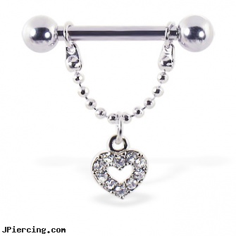 Nipple ring with dangling jeweled heart, 12 ga or 14 ga, nipple rings wholesale, nipple rings jewelery, male nipple piercing and effects on size, cock rings facts, dangling body jewelry
