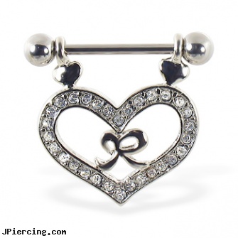 Nipple ring with dangling jeweled heart and bow, 14 ga, nipple jewelry non-pierc, nipple rings chains, nipple piercing london, where can get belly ring, cock rings and movies