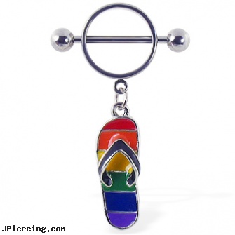 Nipple ring with dangling rainbow flipflop, nipple self piercing kit, pictures and information on nipple piercings, nipple piercing gay right left side, how to take out an eyebrow ring, playboy naval belly rings wholesale