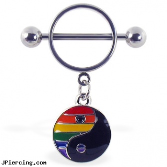 Nipple ring with dangling rainbow ying-yang, nipple shields custom jewelry, non pierced nipple jewelry, diagnosis dark ring nipple aureola, snoopy belly ring, cock ring harder blood