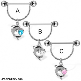 Nipple ring with dolphin and heart shaped gem, 14 ga, femail nipple piercing pictures, nipple piercing exercize, nipple jewelry making instructions, 14 karet 16 gauge belly button rings, pictures of tongue ring infections
