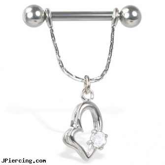Nipple ring with jewel on dangling asymmetric heart, 12, 14, or 16 ga, nipple rings canada, nipple sheild jewelry, christina piercing nipple pics, holiday navel rings, buy tongue ring