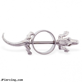 Nipple ring with jeweled alligator, home nipple piercing, non-pierce nipple jewelry, nipple piercing cost, vibrating tongue rings, red rings on penis