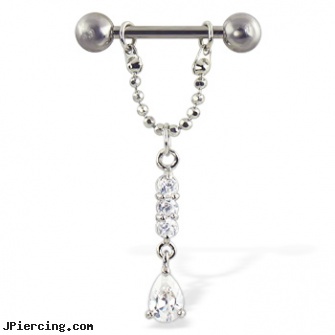 Nipple ring with three gems and teardrop on chain, 12 ga, 14 ga, or 16 ga, nipple piercing care, female nipple peircing, nipples piercings, does nose ring hurt, 50 belly rings for 15