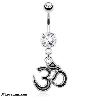 Om Casting Styled And Outlined Dangle Surgical Steel Navel Ring, belly casting ring, dangle belly button rings, belly button rings dangle, reverse dangle navel rings, surgical placement of rings in cock and scrotum