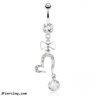 Open Heart with Large Gem And White Enamel Bow Tie Dangle Surgical Steel Navel Ring, wide open clit, opening my own body peircing shop, slice penis piercing open, tongue piercing and hole in the heart, heart shaped belly button ring