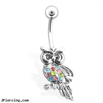 Owl with Multi Colored Gems Belly Ring, 14 Ga, multiple ear piercings, horizontal belly jewelry multiple piercing, navel jewelry multiple piercing, ear piercing flesh colored hider jewlrey, ear piercing flesh colored hider jewlery