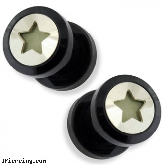 Pair Black UV Screw Fit Plug with Glow in the Dark Hollow Star, torn penis piercing repair, black titanium labret, black pussy photos, piercing jewelry black, belly button rings with screw on beads