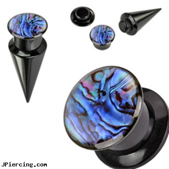 Pair Of 2-In-1 Interchangeable  Black Acrylic Screw Fit Tapers With Abalone Insert, torn penis piercing repair, non piercing nipple jewelry with interchangeable base rings, nipple jewelry interchangeable base rings, blackhole body piercing, labret jewelry black