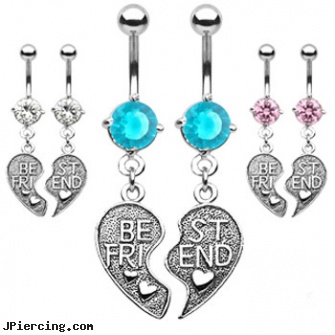 Pair of \"Best Friend\" heart charm pendant belly rings, torn penis piercing repair, tongue piercing and hole in the heart, dangling heart belly button ring, heart pics, nipple charms