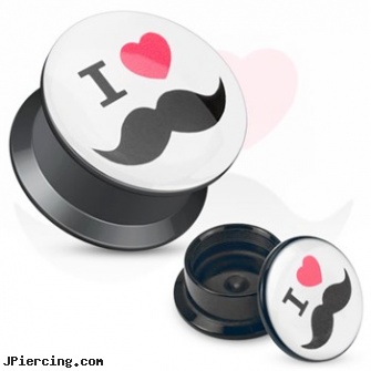 Pair Of \"I Love Mustache\" Print Black Acrylic Flat Screw Fit Plugs, torn penis piercing repair, four leaf clover body jewelry, latex gloves piersing, latex glove piersing, black and blue titainum tongue rings