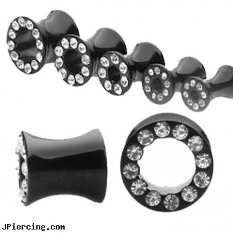 Pair Of Black Titanium Plated Hollow Jeweled Saddle Tunnels, torn penis piercing repair, jack black lord of the cock rings video spoof, black labret, black titanium labret, titanium body percing jewelry