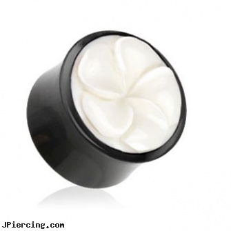 Pair Of Buffalo Horn Saddle Plugs with Hand-Carved Buffalo Bone Floral Inlay, torn penis piercing repair, body jewelry water buffalo 16 gauge, longhorn navel ring, wholesale body jewelry horn and bone, non piercing saddle valve