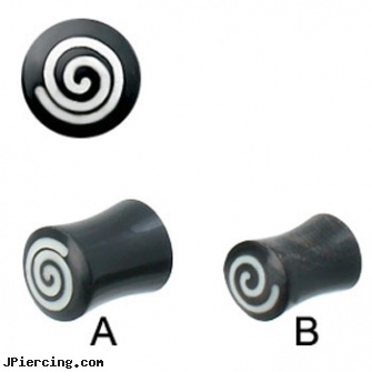 Pair Of Double Flare Horn Plugs with Spiral Bone Inlay, torn penis piercing repair, double tongue piercings, double steel cock rings, double belly ring, wholesale body jewelry horn and bone