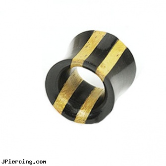 Pair Of Double Stripe Two Tone Ebony Areng & Jackfruit Wood Hollow Saddle Tunnels, torn penis piercing repair, double braided nipple ring, double industrial ear piercings, double navel piercing, titanium tongue rings candy striped