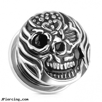 Pair Of Fire Skull Surgical Steel Screw Fit Plugs, torn penis piercing repair, fire fighting and body piercing, volunteer fire department body piercing, volunteer fire departments and body piercing, punisher skull labret jewellery