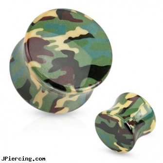 Pair Of Green Camouflage Printed UV Acrylic Saddle Fit Plugs, torn penis piercing repair, acrylic bead rings, acrylic ear body jewelry, acrylic eyebrow rings, non piercing saddle valve