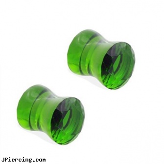 Pair Of Green Pyrex Glass Double Flared Saddle Plugs, torn penis piercing repair, pyrex glass body jewelry, pyrex piercing jewelry, glass body jewelry, liquid glass body jewelry
