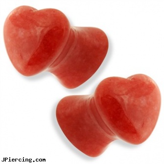 Pair Of Heart Shaped Red Jade Natural Stone Saddle Plugs, torn penis piercing repair, heart shaped belly button ring, pink heart belly ring, dangling heart belly button ring, horseshoe shaped items