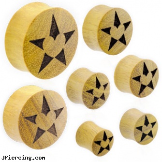 Pair Of Organic Jackfruit Wood Saddle Plugs with Star And Heart Inlay, torn penis piercing repair, organic wood body jewelery, organic nipple jewelry, care of organic body jewelery, hollywood body jewelry