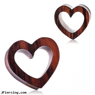 Pair Of Organic Sono Wood Heart Tunnel Plugs, torn penis piercing repair, care of organic body jewelery, organic wood body jewelery, organic nipple jewelry, hollywood body jewelry