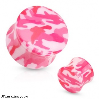 Pair Of Pink Camouflage Printed UV Acrylic Saddle Fit Plugs, torn penis piercing repair, pink heart belly ring, pink pussy, pink nose piercing, 10 gauge acrylic tapers