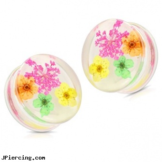 Pair Of Pink Dried Flower Clear Acrylic Saddle Fit Plugs, torn penis piercing repair, pink eye infections to you children, pink panther belly button rings, pink belly ring, flower shaped labret jewerly