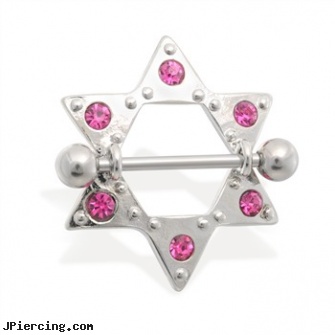 Pair of pink jeweled star nipple shields, 14 ga, torn penis piercing repair, pink nose piercing, pink clit, pink tattoos, jeweled navel slave rings