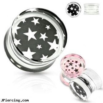 Pair Of Pink Star Pattern Print Encased Clear Acrylic Saddle Fit Plugs, torn penis piercing repair, pink tattoos, belly button ring pink panther, pink crystal playboy bunny navel ring, starting body piercing business