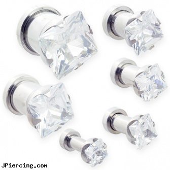 Pair Of Steel Screw-Fit Plugs with Clear Square CZ, torn penis piercing repair, surgical steel body jewelry, steel my heart jewlry, 12 gauge steel ear plugs, nose screw white gold