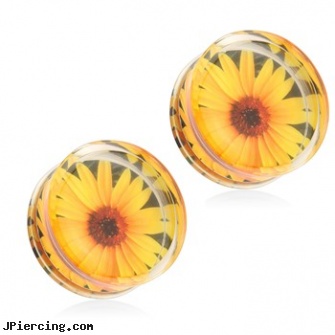Pair Of Sunflower Print Encased Clear Acrylic Saddle Fit Plugs, torn penis piercing repair, clearwater florida tongue piercing, clear belly button ring, clear nose ring, acrylic bead rings