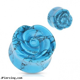 Pair Of TurquoiseHand-Carved Rose Plugs, torn penis piercing repair, rose belly jewelry, rose belly button rings, discount body jewelry plugs, 4g flesh tunnel earlet plugs body jewelry