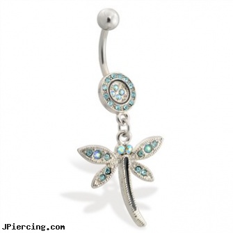 Pave jeweled belly ring with dangling jeweled dragonfly, gold jeweled labret ring, 18g jeweled labrets, jeweled belly rings, belly mood ring, lena katina- belly button piercing
