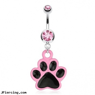 Paw with Black Enamel Plating And Pink Outline Dangle Surgical Steel Navel Ring, black body piercing jewelery, black pussy photos, black line, pink panther belly rings, pink tattoos