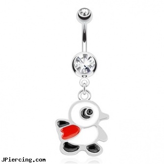 Penguin with Red Scarf Dangle Surgical Steel Navel Ring, reverse dangle navel rings, shamrock dangle navel body jewelry, dangle belly button rings, navel jewelry surgical stainless steel internal thread, surgical stainless steel navel jewelry