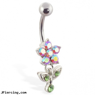 Pink AB flower belly ring with dangling jeweled leaves n stem, pink nipple rings, pink eye infections to you children, pink clit, flower pics, flower shaped labret jewerly