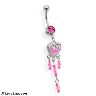 Pink Dangling Heart Belly Ring, pretty in pink, pink panther belly rings, pink belly rings, dangling navel ring, dangling navel jewelry