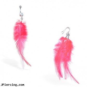 Pink Feather Belly ring and Earring Set, pink heart belly ring, pink tattoos, belly button ring pink panther, rose belly button rings, gold belly rings