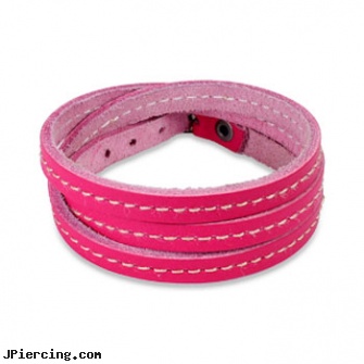 Pink Leather Triple Wrap Bracelet with Stitched Center Design, belly button ring pink panther, pink heart belly ring, pink nose piercing, leather cock rings, leather or rawhide cock rings