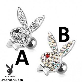 Playboy Bunny with Multi Paved Gems Surgical Steel Cartilage/Tragus Barbell, playboy body jewelry, playboy navel rings, playboy store, playboy bunny belly button rings, playboy bunny