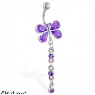 Purple dragonfly belly ring with dangling gems and chains, purple shard jewelry ear, ear rings purple shard jewelry stone, dragonfly belly button ring purple, titanium or stainless steel belly button rings, pink belly ring