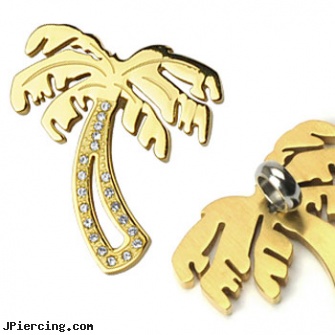 PVD Gold over 316L Stainless Steel Gem Paved Palm Tree Pendant, gold pierced nipple jewelry, solid gold navel rings, gold nose screws, regulations governing ear piercing in illinois, four leaf clover body jewelry