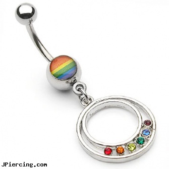 Rainbow Navel Ring with Dangling Rainbow Jeweled Circle, acrylic rainbow belly ring, rainbow twister belly ring, plastic rainbow ear body jewelry, bad navel piercings pictures, titanium navel rings