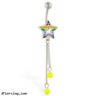 Rainbow star navel ring with dangling neon green dangles, rainbow body jewelry, acrylic rainbow belly ring, rainbow belly button jewelry, clit rings porn star, starter belly rings