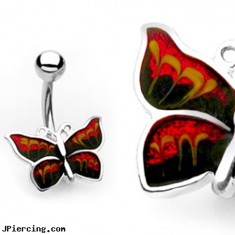 Red and black butterfly belly ring, black whole body piercing, black female genital piercings, black labret, 14 butterfly belly rings photos, butterfly pics
