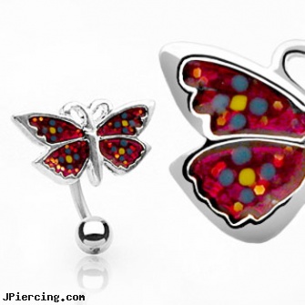 Red glitter reversed butterfly belly ring, glitter bitch, reversed celtic navel ring, reversed navel piercing gallery, butterfly rings, 14 butterfly belly rings photos