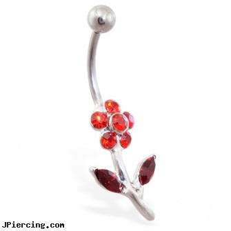 Red jeweled flower belly ring, jeweled labrets, 18g jeweled labrets, jeweled belly rings, flower belly ring, flower shaped labret jewerly