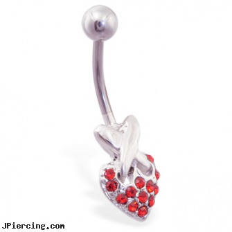 Red jeweled heart belly ring with X, jeweled navel slave rings, jeweled belly rings, 18g jeweled labrets, heart shaped belly button ring, dangling heart belly button ring